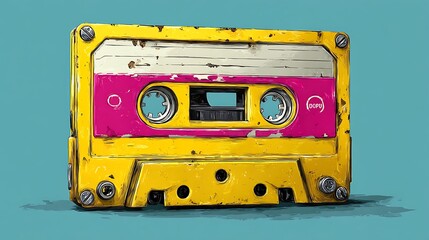 Naklejka premium Retro Yellow Cassette Tape Vintage Music Nostalgia.