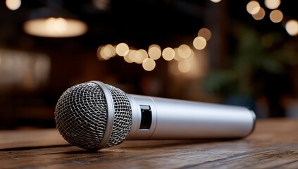 Obraz premium Silver microphone resting on a wooden table, warm indoor setting with blurred lights