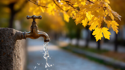 Autumnal faucet drips amid golden foliage