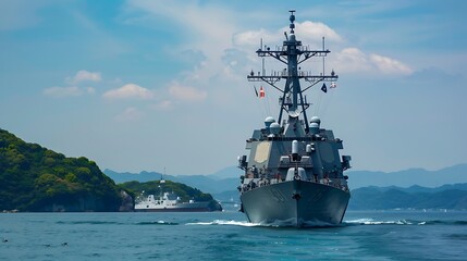 Fototapeta premium Navy Ship Sailing Across Blue Ocean Near Lush Green Island Under Bright Sky