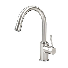 Modern stainless steel kitchen faucet.  Features a smooth, curved spout and a round handle