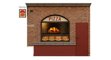 A charming pizza shop featuring a traditional brick oven, with various delicious pizzas displayed, set in a lively street scene