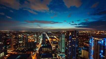 Obraz premium Nighttime Aerial View of City Buildings Illuminated with Blue and Yellow Lights