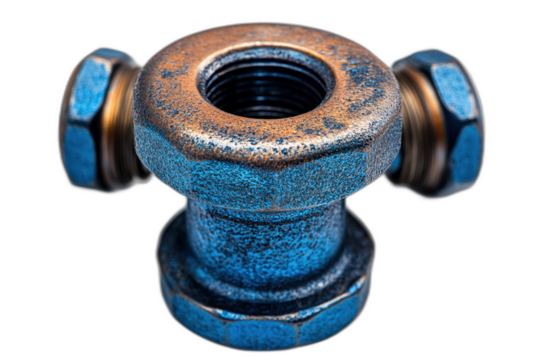 Blue pipe fitting, circular shape with threaded grooves and connectors, glossy surface. Isolated on transparent background.