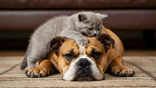 Cute kitten cuddling with bulldog adorable pets friendship lovely animals 4k video
