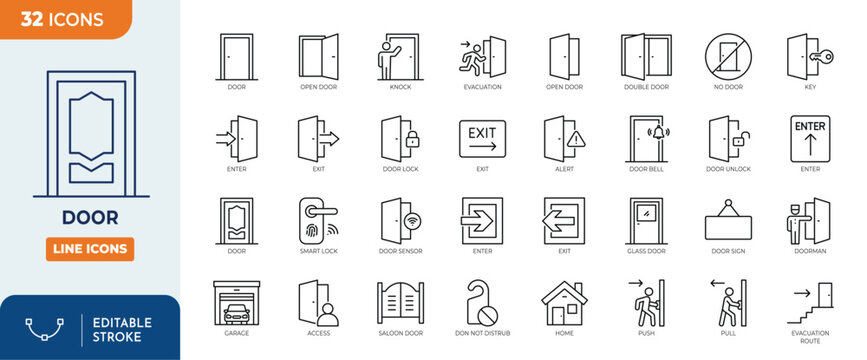 Door icon set. Containing enter, exit, doorbell, knock, open door, home, closed door, pull, push, and more. Outline Icon Collection. Editable stroke. Vector illustration	