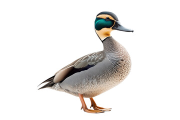 Obraz premium A high-resolution full-body image of a Eurasian teal duck standing, showcasing detailed plumage and vibrant colors, isolated on a transparent background.
