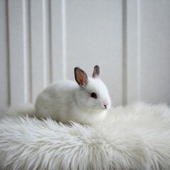 Obraz premium Pristine White Bunny Resting on Plush Fur Rug