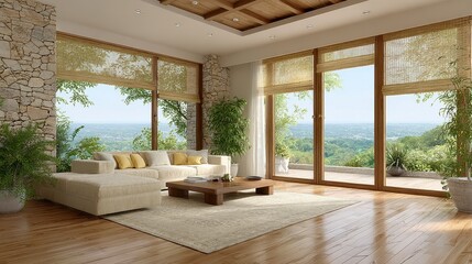 Fototapeta premium Luxurious Modern Living Room with Panoramic View Bamboo Shades