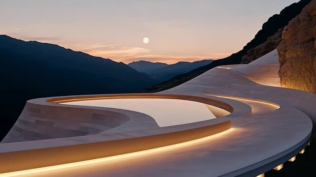 Modern architectural marvel with flowing curves and serene sunset view over mountainous landscape