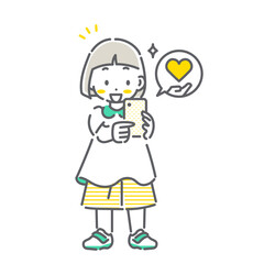 安心してスマホを楽しく使う女の子　シンプルでかわいい線画イラスト