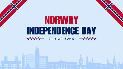 Norway Independence Day poster banner background. Flat flag and city silhouette. Happy Independence Day Vector Illustration. Norwegian Flag. 7th of June.