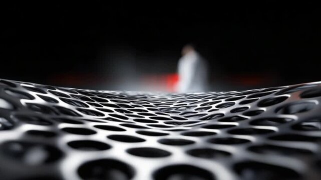 Abstract metallic background with wave patterns and perforated surface creating a sense of depth and texture