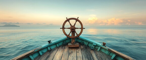 Wooden boat helm on the ocean. Gentle water, soft sunset, and serene island view
