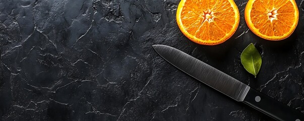 Fresh orange slices and knife on dark stone surface