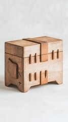 Wooden box with architectural design, carved details, and strap