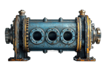 Close up of a metal and steel gear with interlocking teeth and a polished surface, isolated on transparent background.