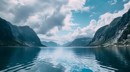 Panoramic View of Serene Fjord Landscape with Mountains and Cloudy Blue Sky