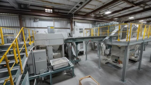 An interior shot of a microplant showcasing a conveyor belt system transporting battery components through various stages of recycling including crushing and chemical processing.