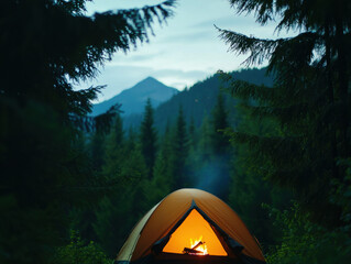 A glowing tent with a campfire inside sits in a dense forest, surrounded by pine trees and mountains at dusk.