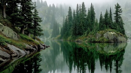 Misty forest lake reflection