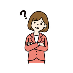 腕を組んで考える、若い女性会社員のベクターイラスト素材＿線幅の編集可能＿カラー