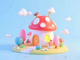 Fototapeta premium Mushroom house fantasy imagination scene fairy tale 3D illustration