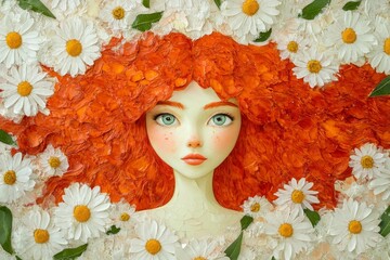 Naklejka premium A girl with vibrant, ginger hair surrounded by white flowers.