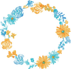 水彩画。水彩タッチの草木と花のベクターフレーム。青と黄色の夏カラー花フレーム。Watercolor painting. Vector frame of plants, trees and flowers with watercolor touch. Blue and yellow summer color flower frame.