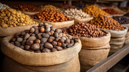 Obraz premium Spice Market Array: A vibrant display of assorted spices and nuts in burlap sacks creates a tapestry of culinary delight. Showcasing the rich colors, textures, and enticing aromas of the marketplace.