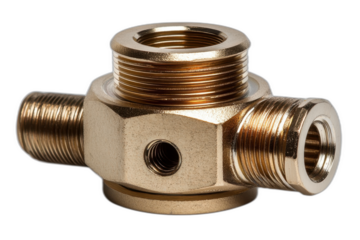 Brass compression fittings, featuring a threaded sleeve and nut, for secure connections in plumbing. Isolated on transparent background.