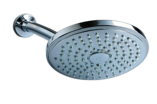 Therme shower head with LEDs, sleek chrome design, multiple color lights, modern look. Isolated on transparent background.