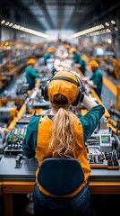 Workers on an assembly line, wearing protective gear. Busy factory environment