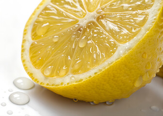 A slice of lemon with droplets of water on it. The droplets are small and scattered, giving the impression of a fresh, juicy fruit