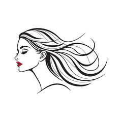 beautiful woman with long hair, black and white silhouette illustration
