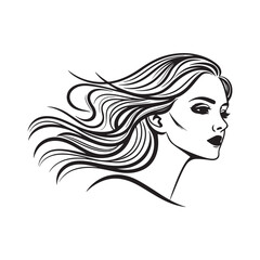 beautiful woman with long hair, black and white silhouette illustration
