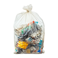 plastic trash bag with waste contents, isolated on white for cleanup theme

