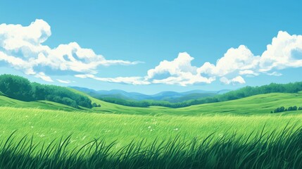 Fototapeta premium Lush green meadow stretching to distant hills under a vibrant blue sky, dotted with fluffy white clouds. Rolling hills and trees create a tranquil landscape
