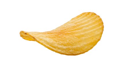 A single golden potato chip isolated on a white background, showcasing its texture and crispness, ideal for snack advertisements