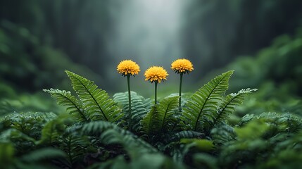 Yellow dandelions in vibrant green ferns, a misty forest backdrop