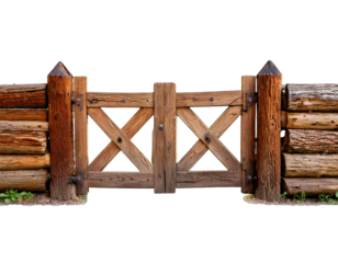 Selective focus wooden log fence gate isolated on transparent or white background