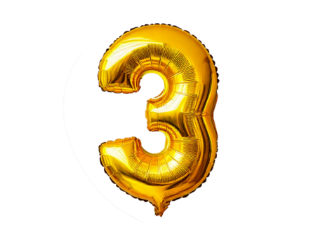 Selective focus on number 3 balloon, isolated on a transparent or white background.