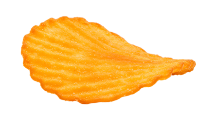 A single, perfectly shaped orange potato chip with ridges, isolated on a clean background, ideal for snack imagery