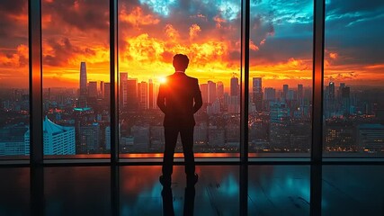 Businessman contemplating city skyline at sunset