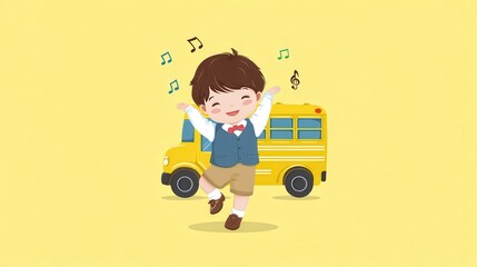 Naklejka premium Joyful Boy Dancing Near School Bus