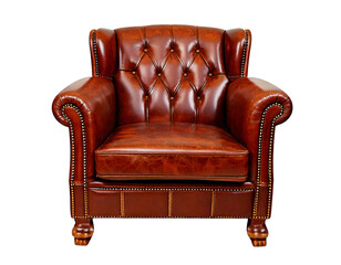 Brown vintage leather chair with wooden armrests isolated on transparent or white background
