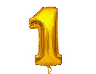 Selective focus on number 1 balloon, isolated on a transparent or white background.