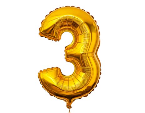 Selective focus on number 3 balloon, isolated on a transparent or white background.