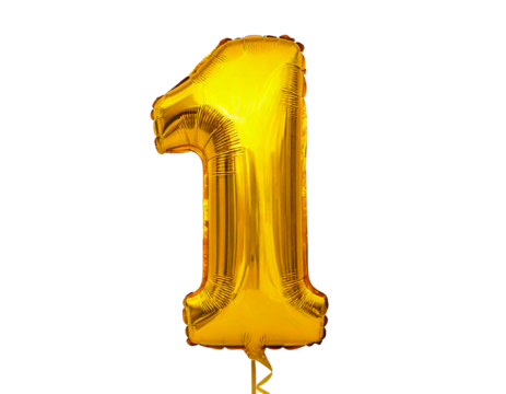 Selective focus on number 1 balloon, isolated on a transparent or white background.