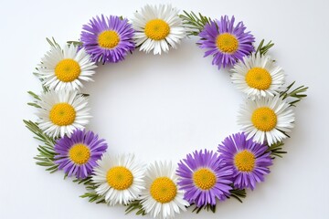 Obraz premium Floral wreath arrangement of daisies and other blossoms.